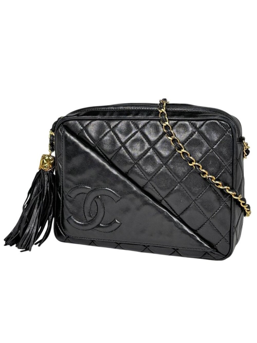 Chanel CC Logo Fringe Chain Shoulder Bag Quilted Leather Black